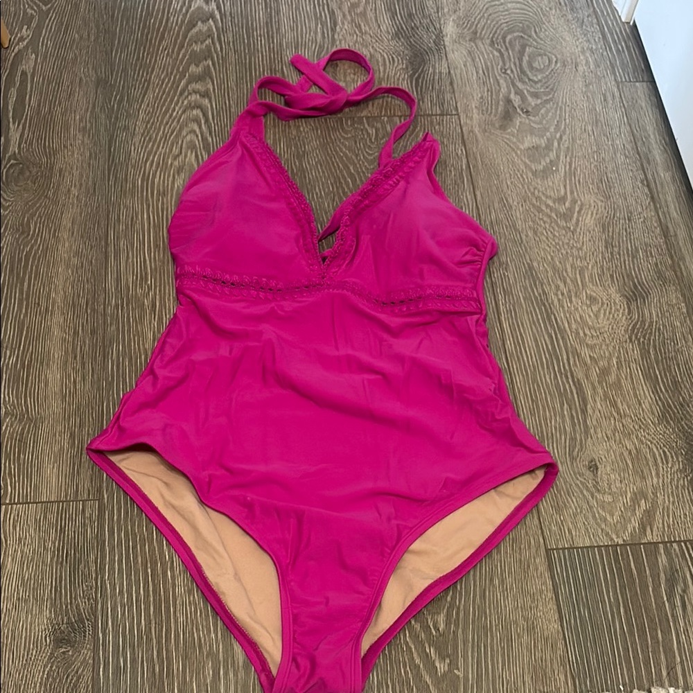 Vibrant Pink Swimsuit with Halter Neck and High Cut